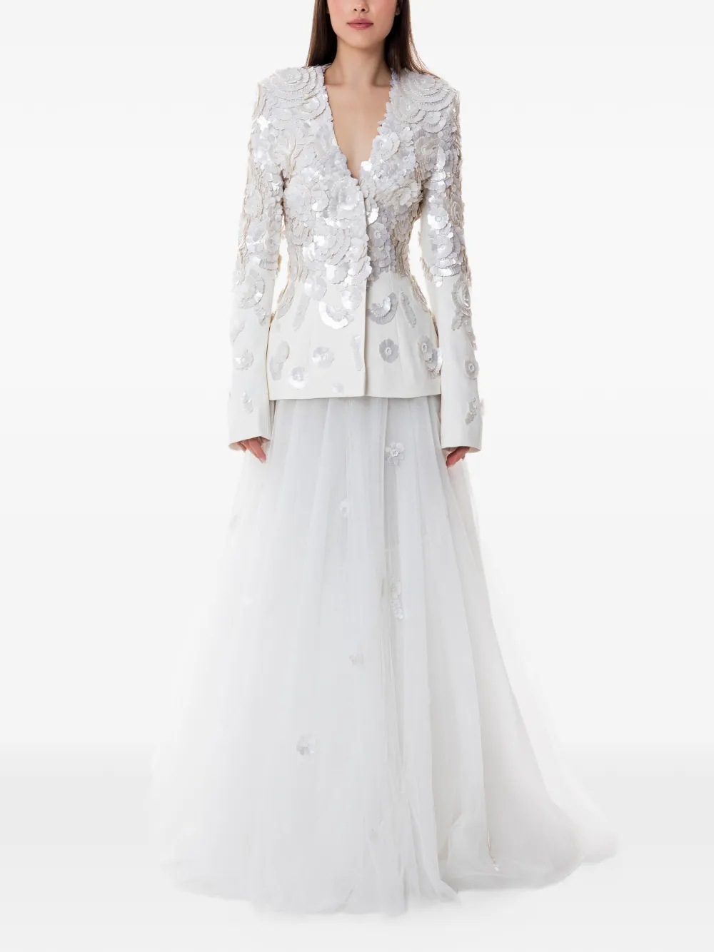 Dina Melwani Abito da sera lungo a fiori - Bianco