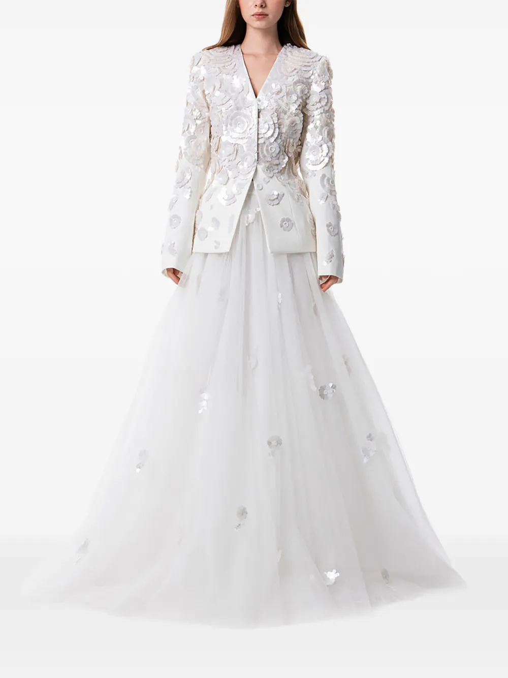 Dina Melwani floral sequin-embroidered maxi gown - White
