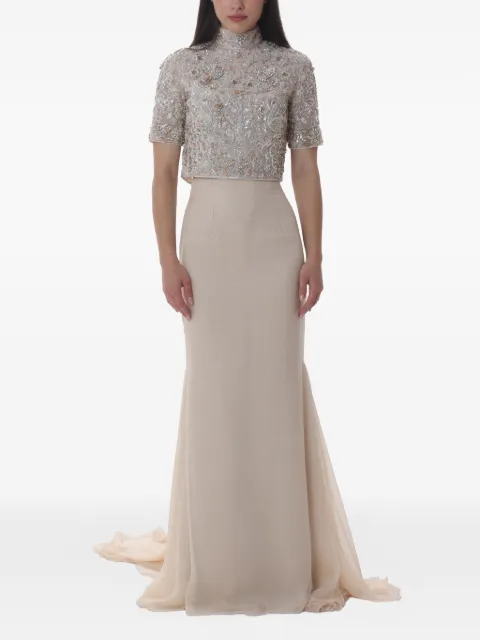 Dina Melwani falda larga y top con detalles de cristal