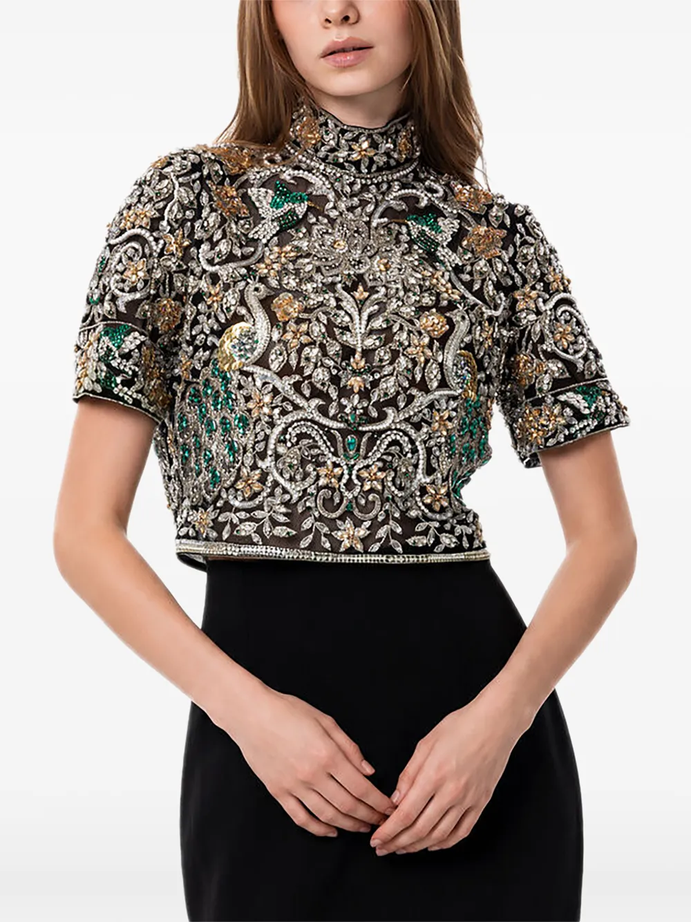 Dina Melwani Top en maxi-rok met geborduurd kristallen Zwart