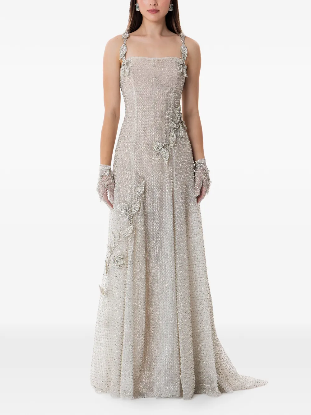 Dina Melwani Crystal Leaf Embellished Maxi Gown In Neutral