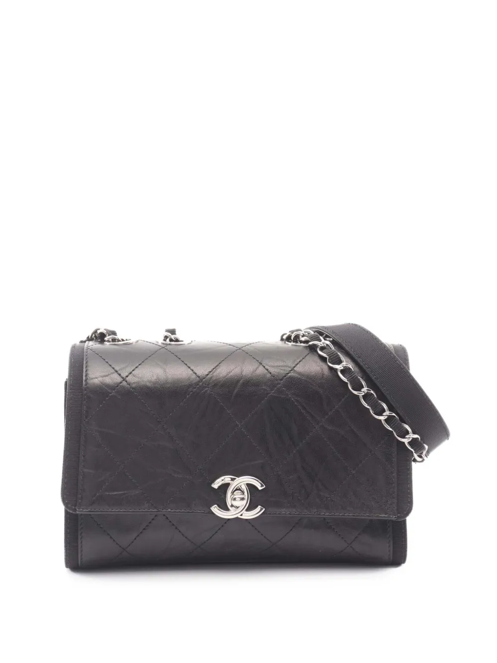 CHANEL Pre-Owned 2018 CC Quilted Crumpled Calfskin and Grosgrain Flap crossbody bag - Nero