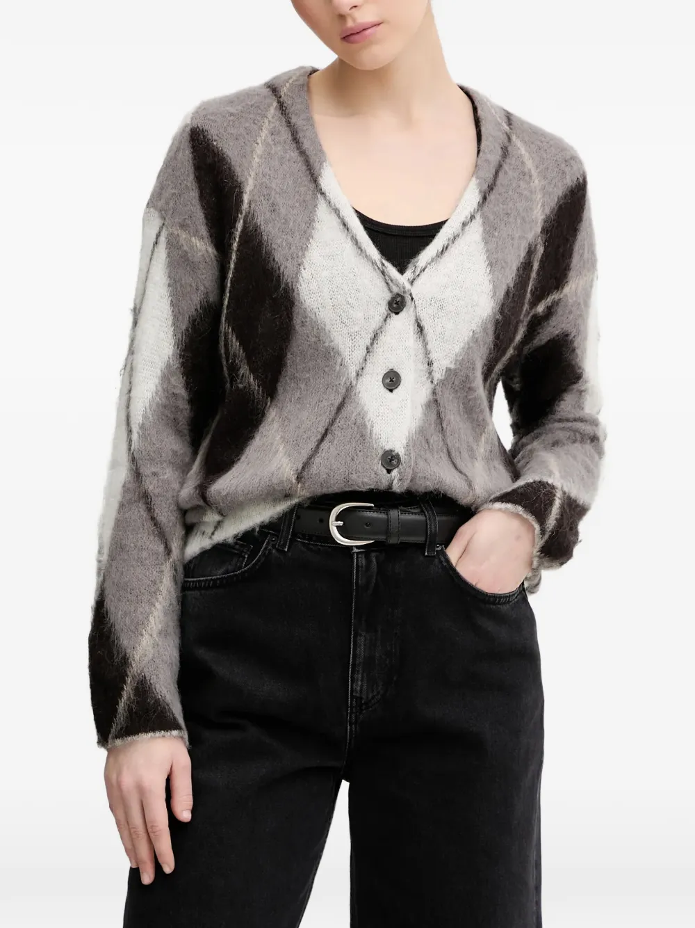 Sisley argyle-knit V-neck cardigan - Grey