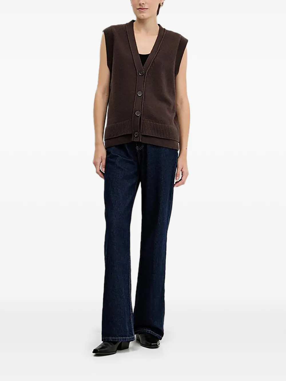  Sisley V-neck Button Vest - Marrón 