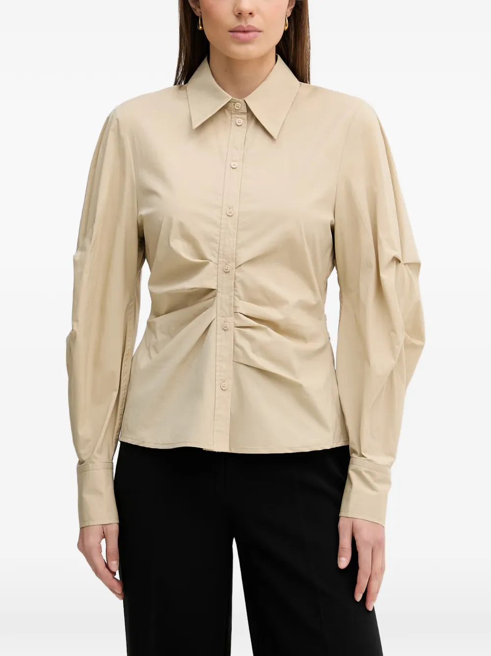 Sisley gathered puff-sleeve shirt - Nude