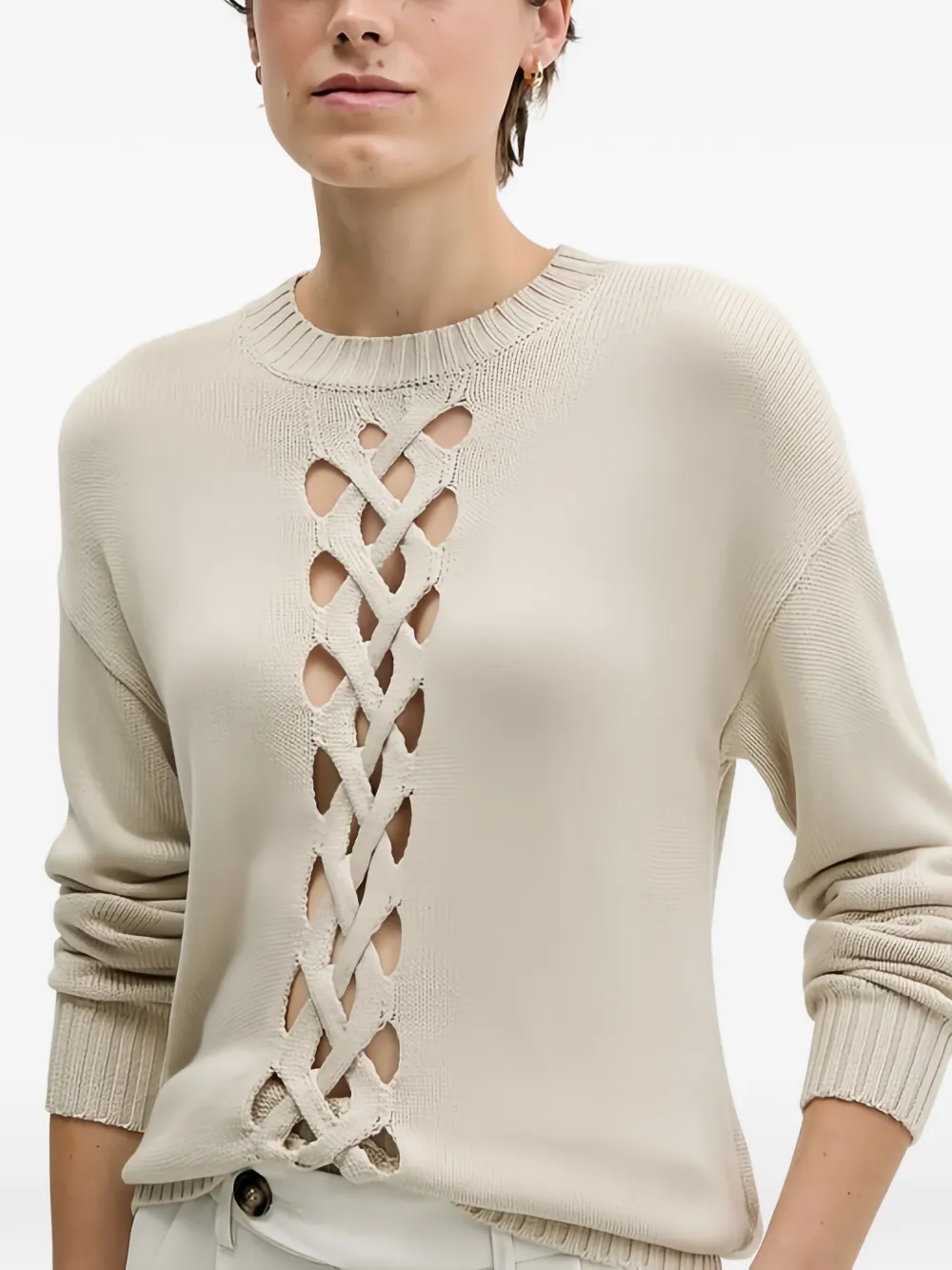 Sisley Fijngebreide trui met rasterdetail Beige