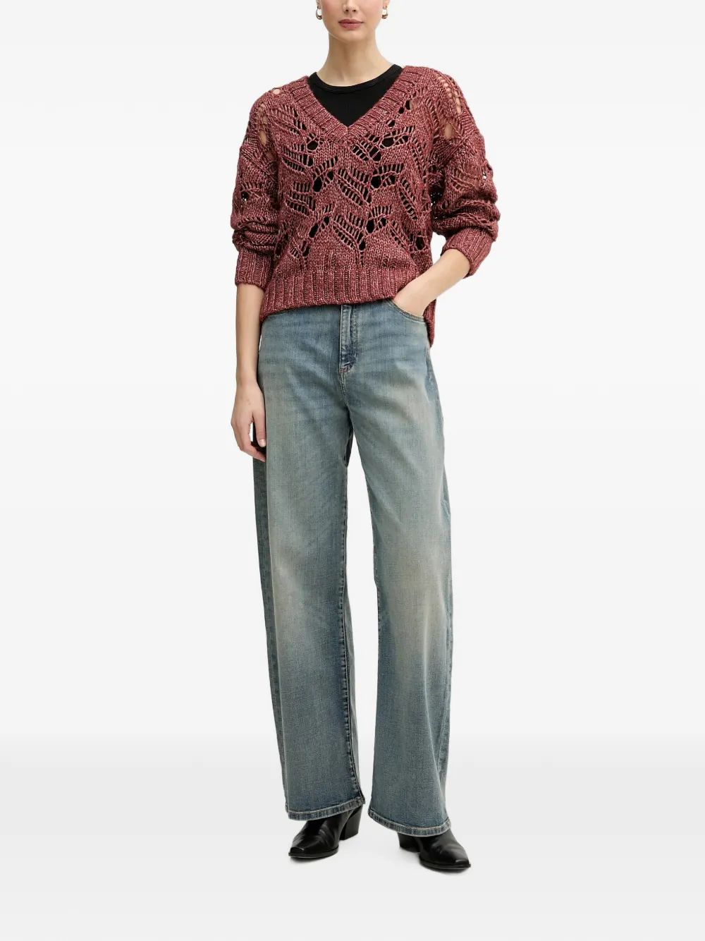 Sisley Opengebreide trui met V-hals Rood