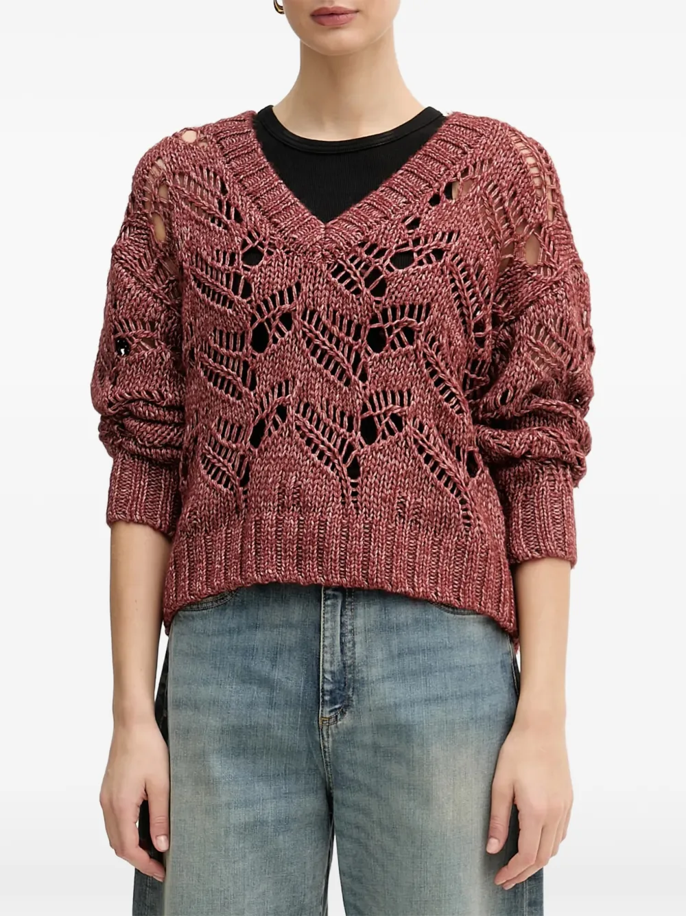 Sisley Maglione traforato con scollo a V - Rosso