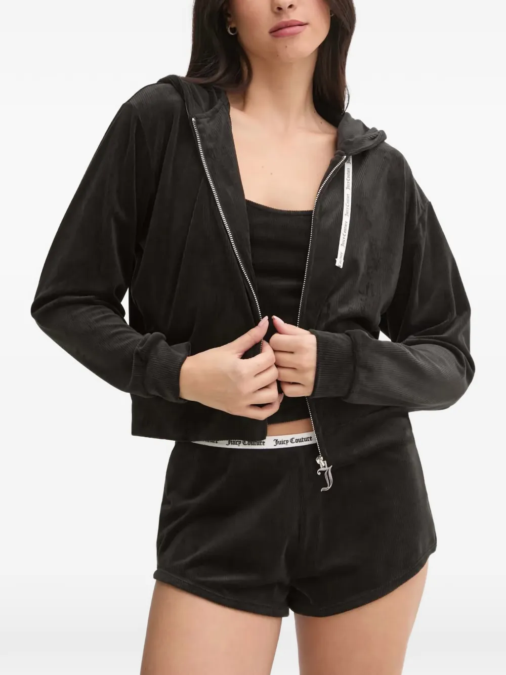 Juicy Couture ribbed-knit logo-pendant hoodie - Schwarz