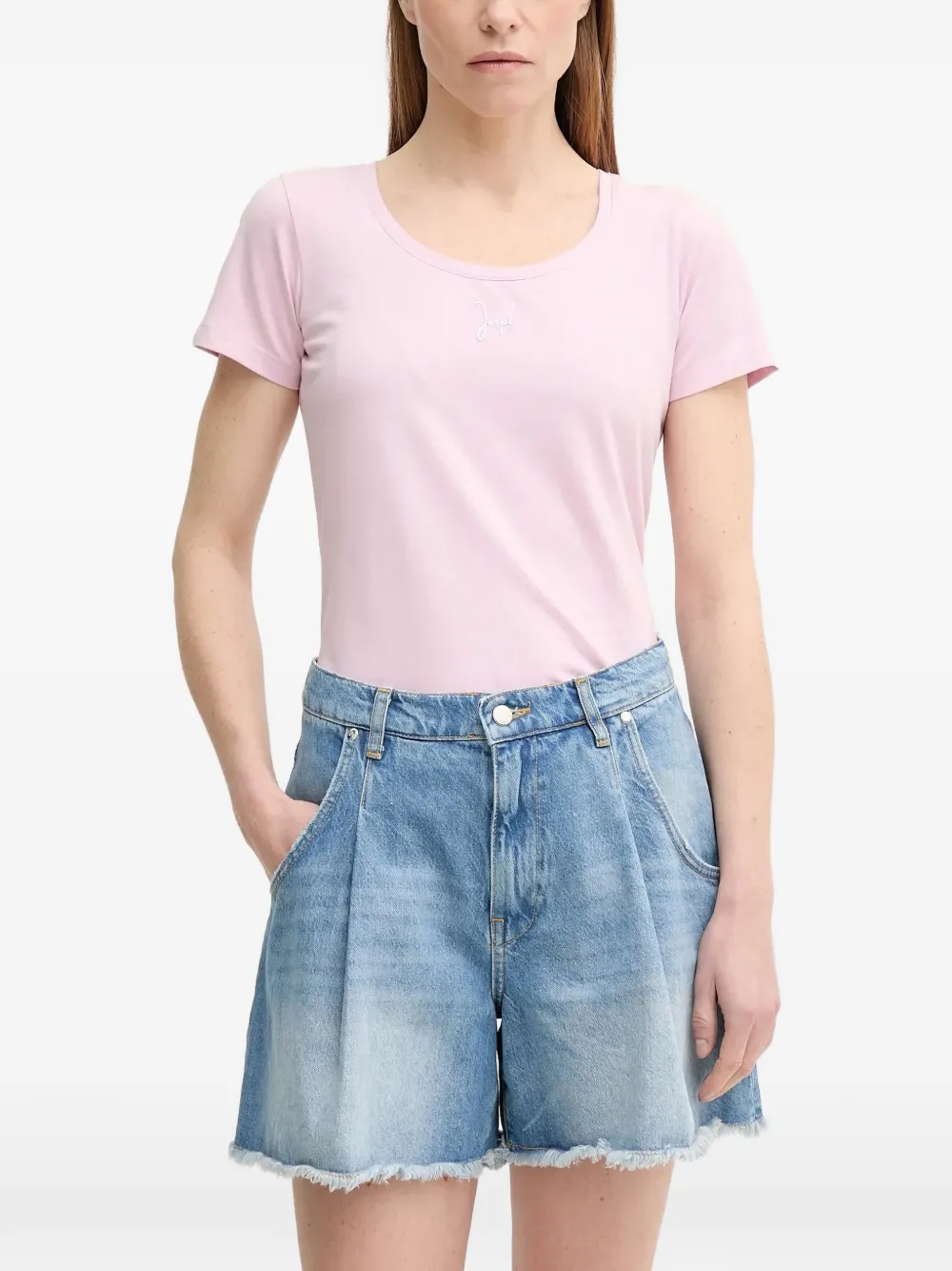 Joop! Tobie T-shirt met geborduurd logo en diepe ronde hals Roze