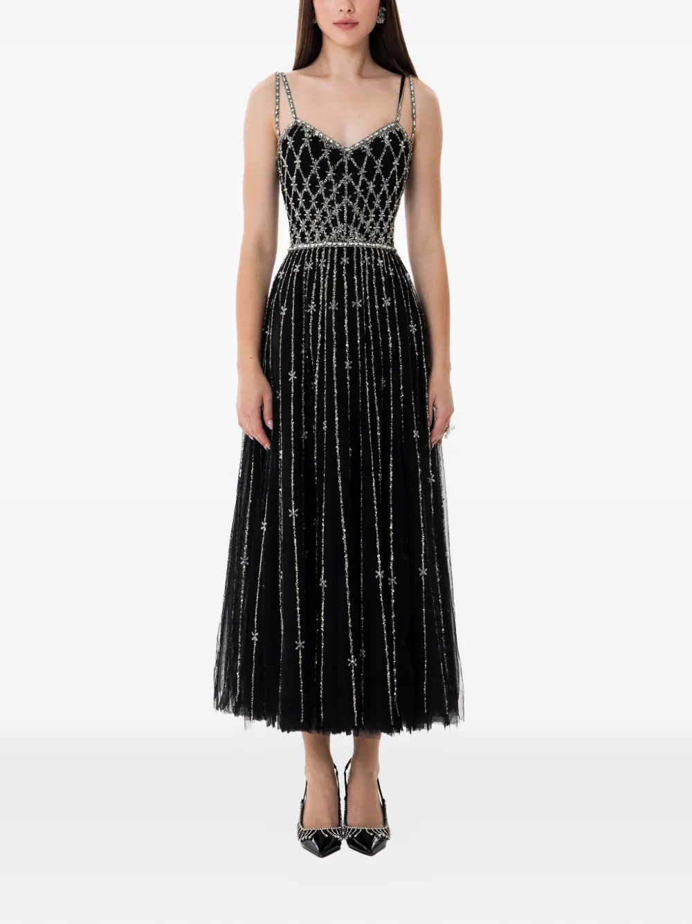 Dina Melwani Abito midi con strass - Nero