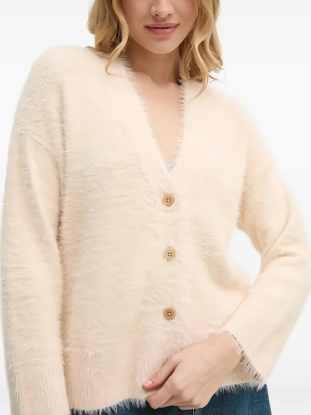 Sisley V-neck fuzzy cardigan Beige