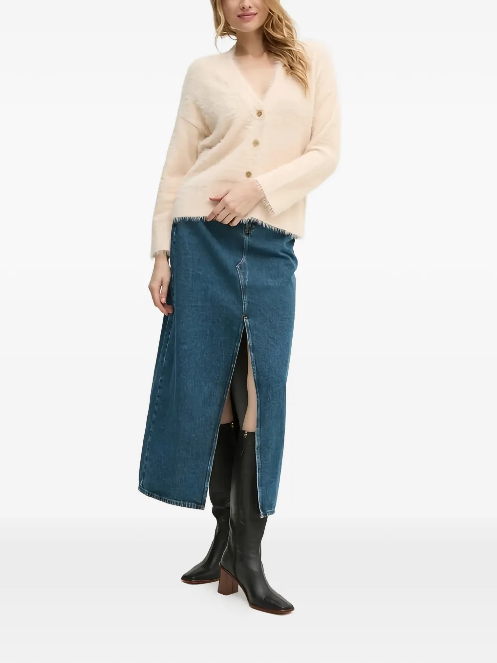 Sisley V-neck fuzzy cardigan Beige