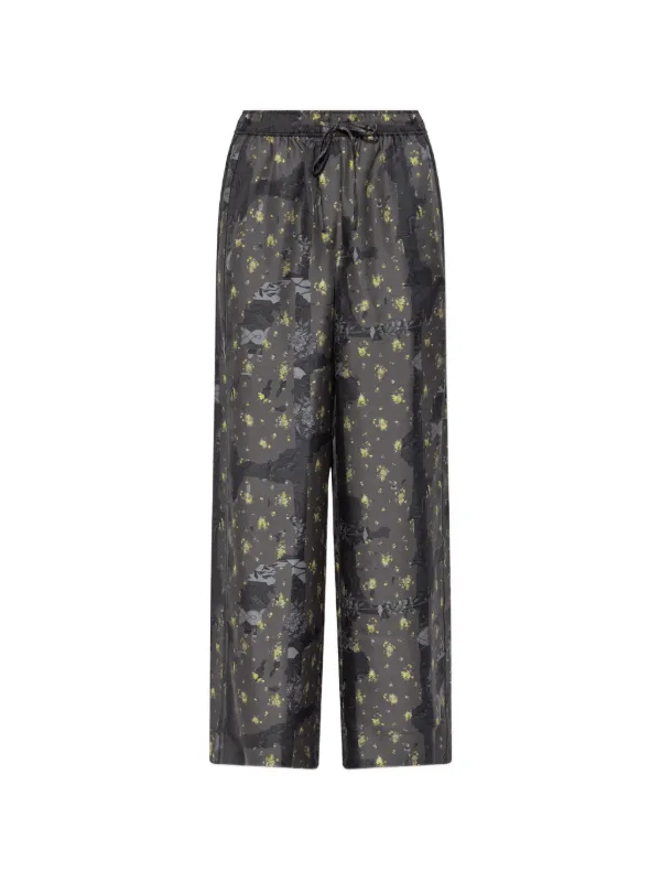 Ganni Printed Silk Trousers in Grey