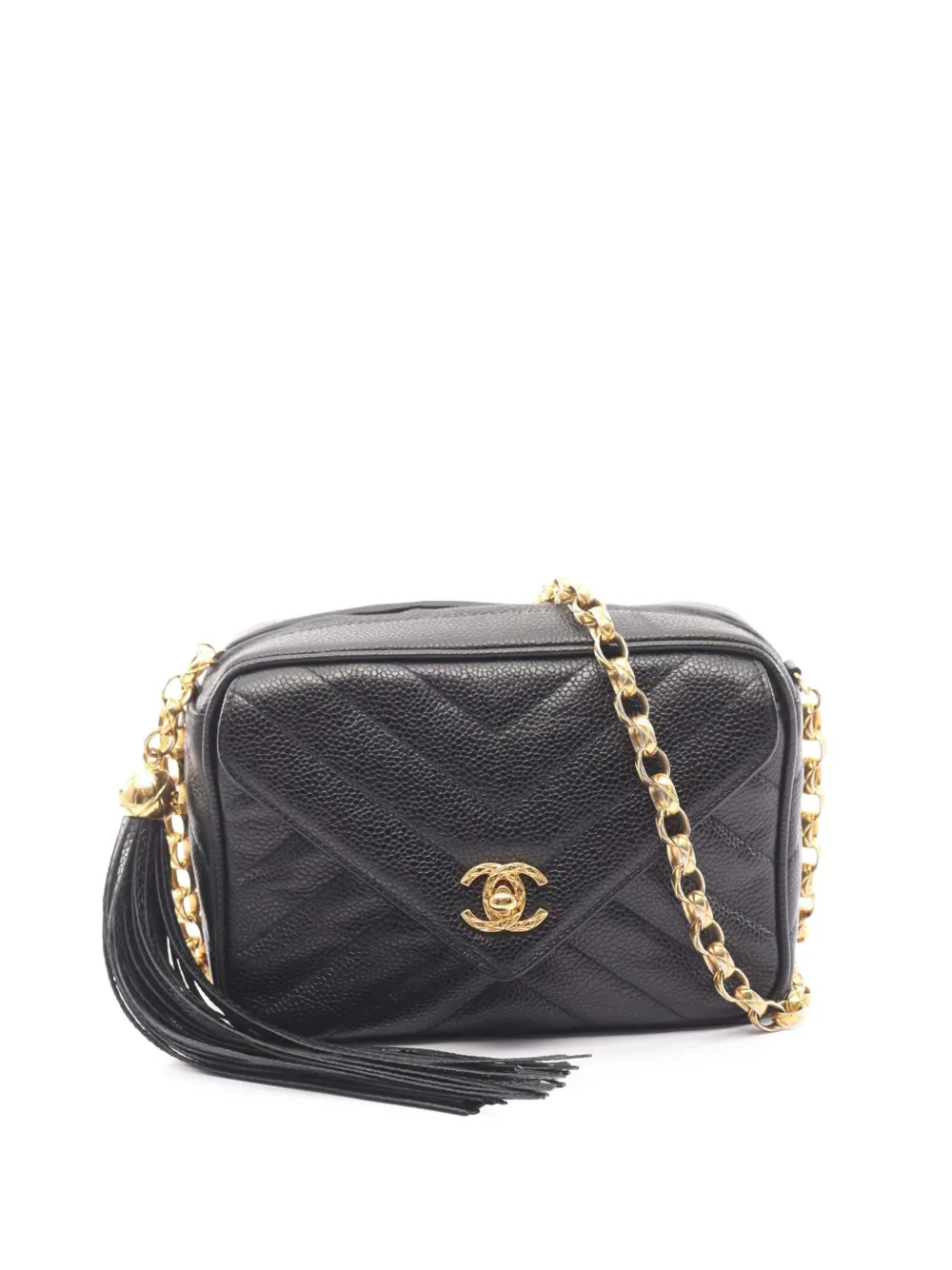 CHANEL Pre-Owned 1991-1994 Caviar Chevron Tassel Camera Case crossbody bag - Schwarz