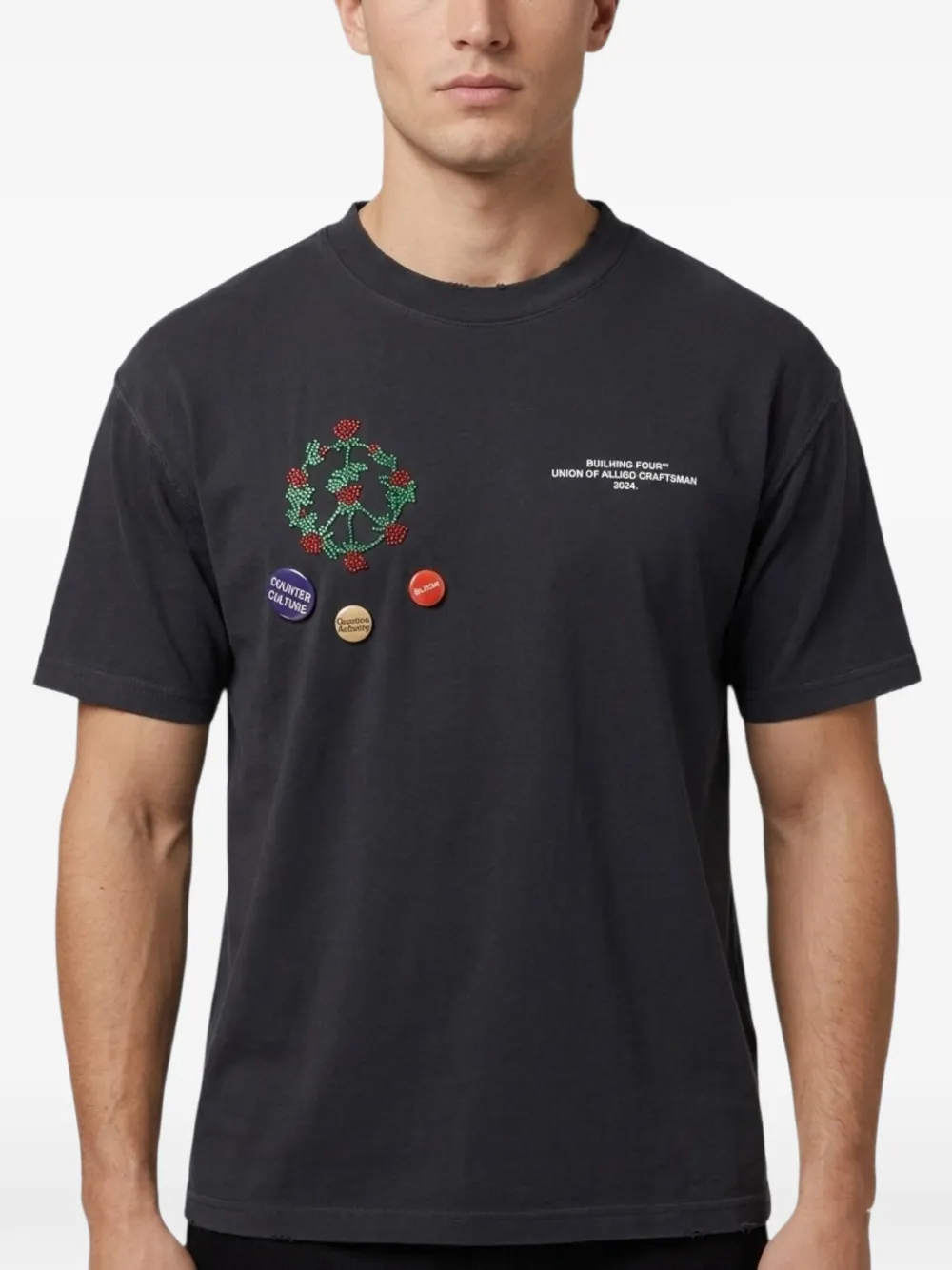  Bldg4 Flower-embroidered T-shirt - Grey 
