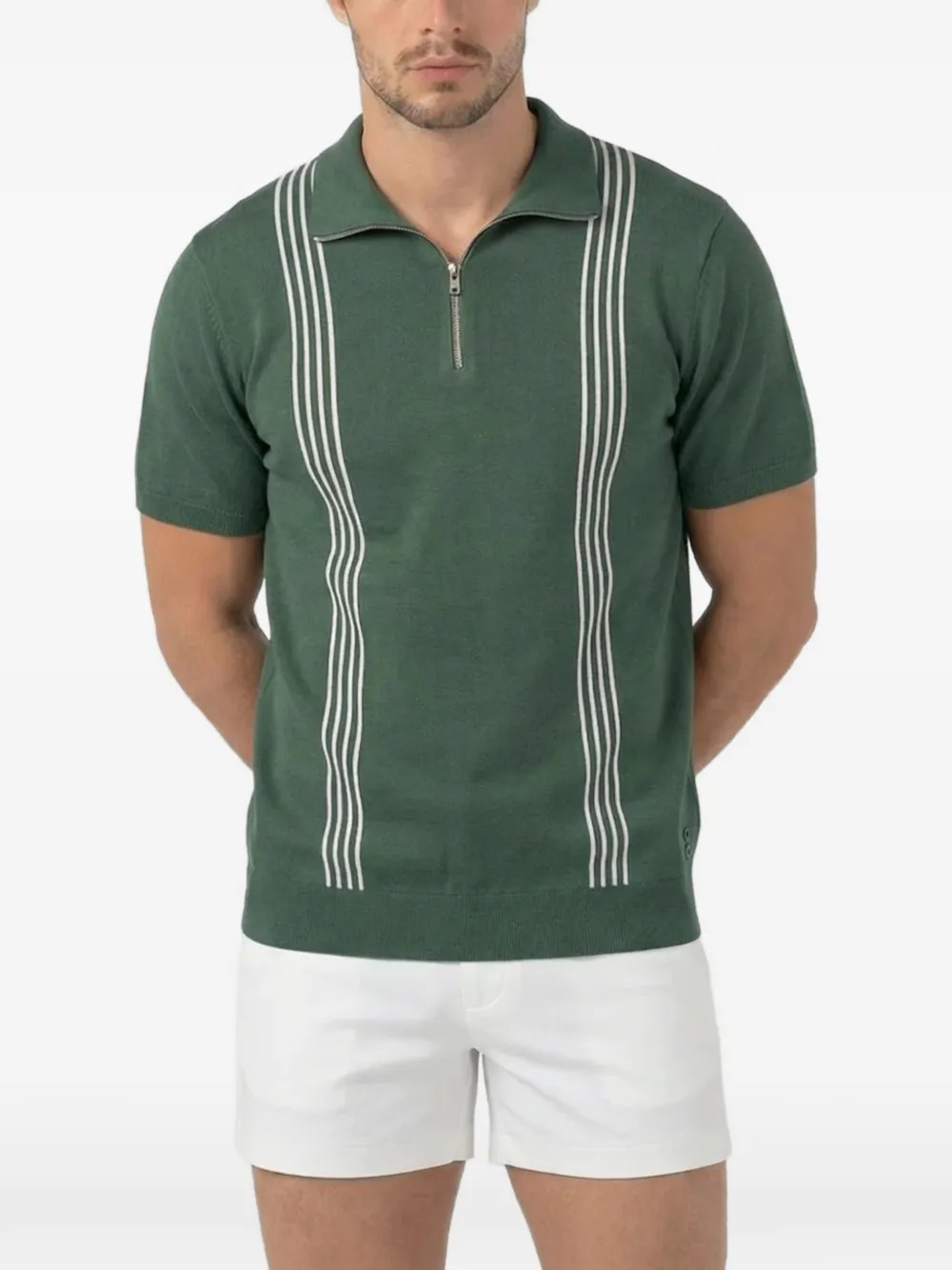 Ron Dorff stripe-detail zip-neck polo shirt Groen