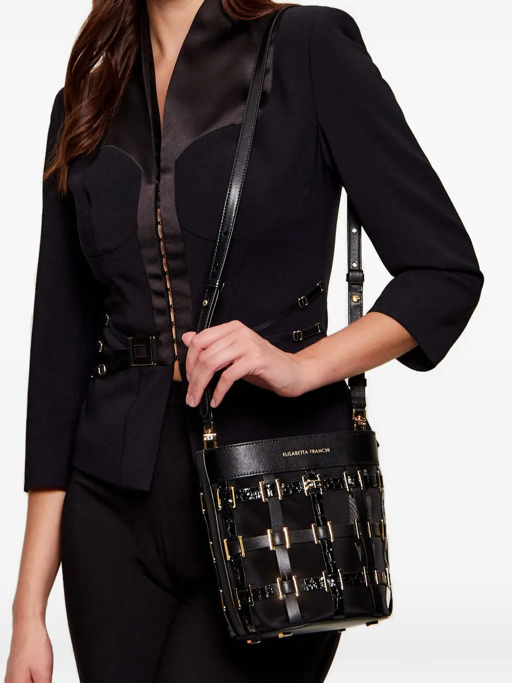 Elisabetta Franchi Mesh bucket-tas met ringdetail Zwart