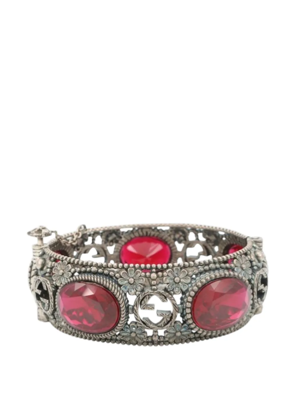  Gucci Pre-owned 2000-2015 Sterling Silver And Stone Interlocking G Flower Hinged Bangle Bracelet - Red 