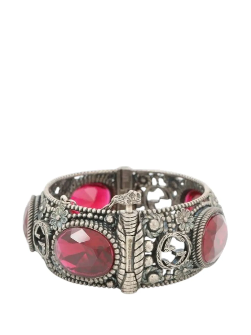  Gucci Pre-owned 2000-2015 Sterling Silver And Stone Interlocking G Flower Hinged Bangle Bracelet - Red 
