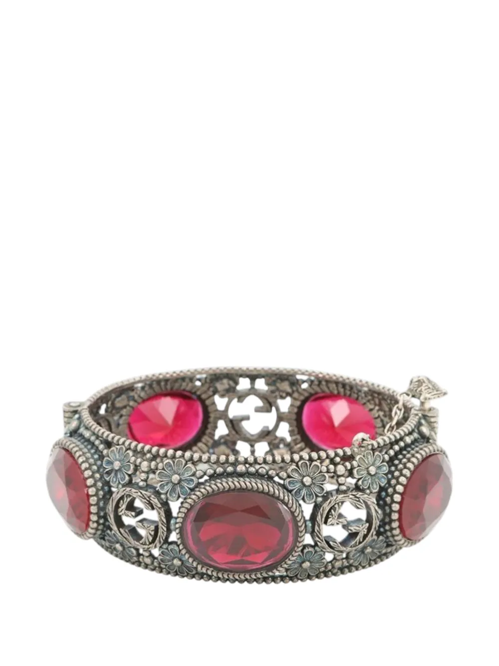 Gucci Pre-Owned 2000-2015 Sterling Silver and Stone Interlocking G Flower Hinged Bangle bracelet - Rosso