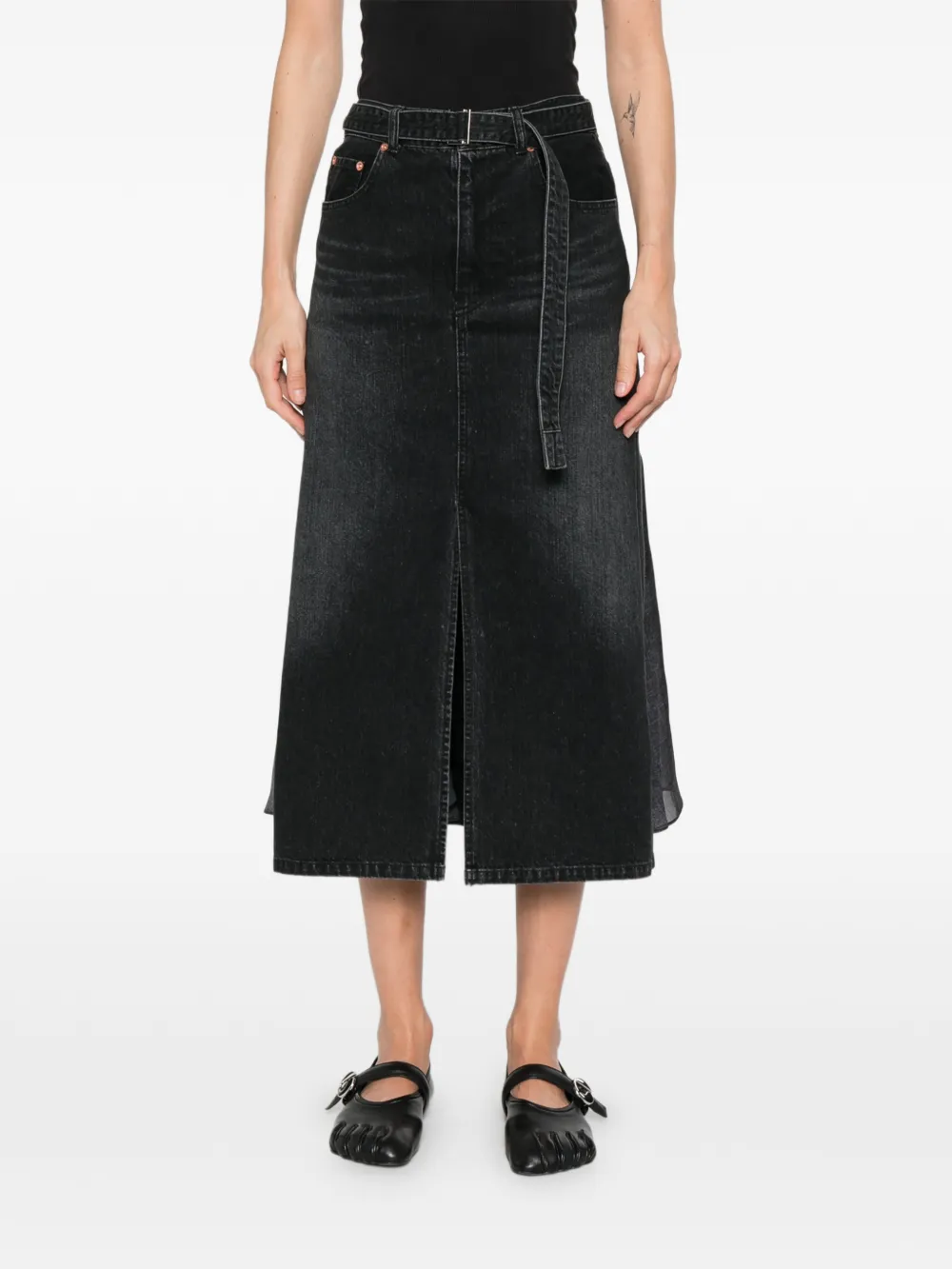 sacai Midi-rok met ceintuur Zwart