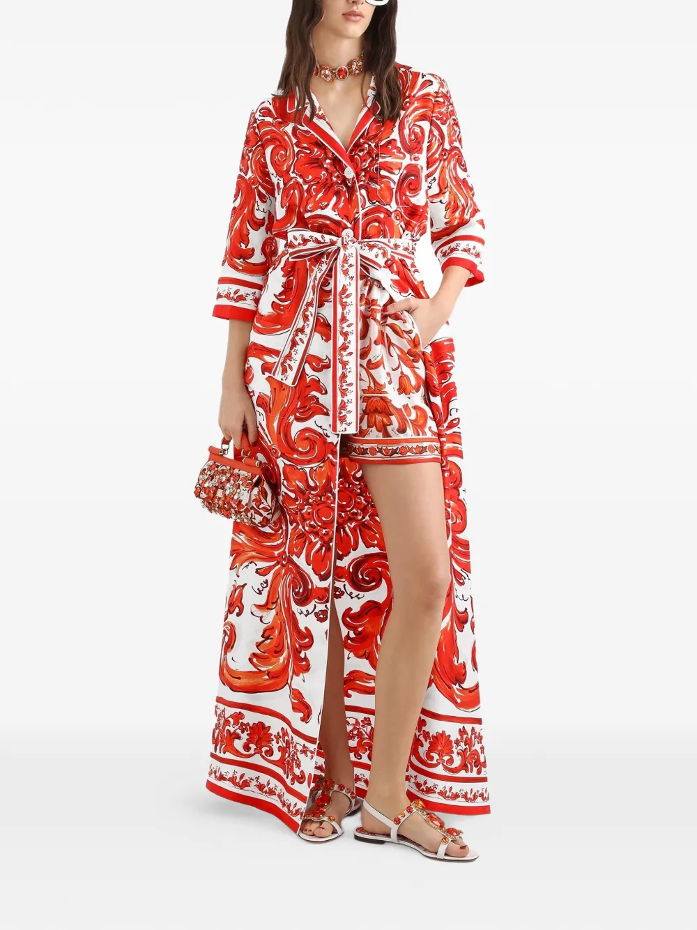 Dolce & Gabbana Jas met Majolica-print en ceintuur Rood