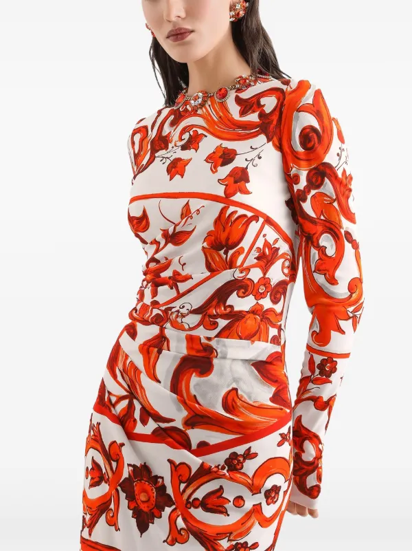 dolce gabbana orange dress Dolce & Gabbana Maiolica Print Midi Dress