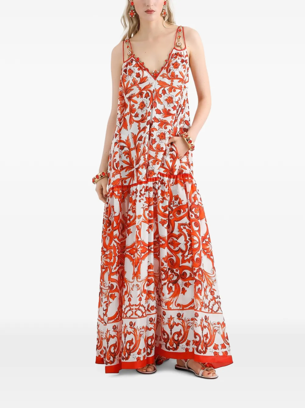 Dolce & Gabbana Habotai maxi-jurk met Majolica-print Wit