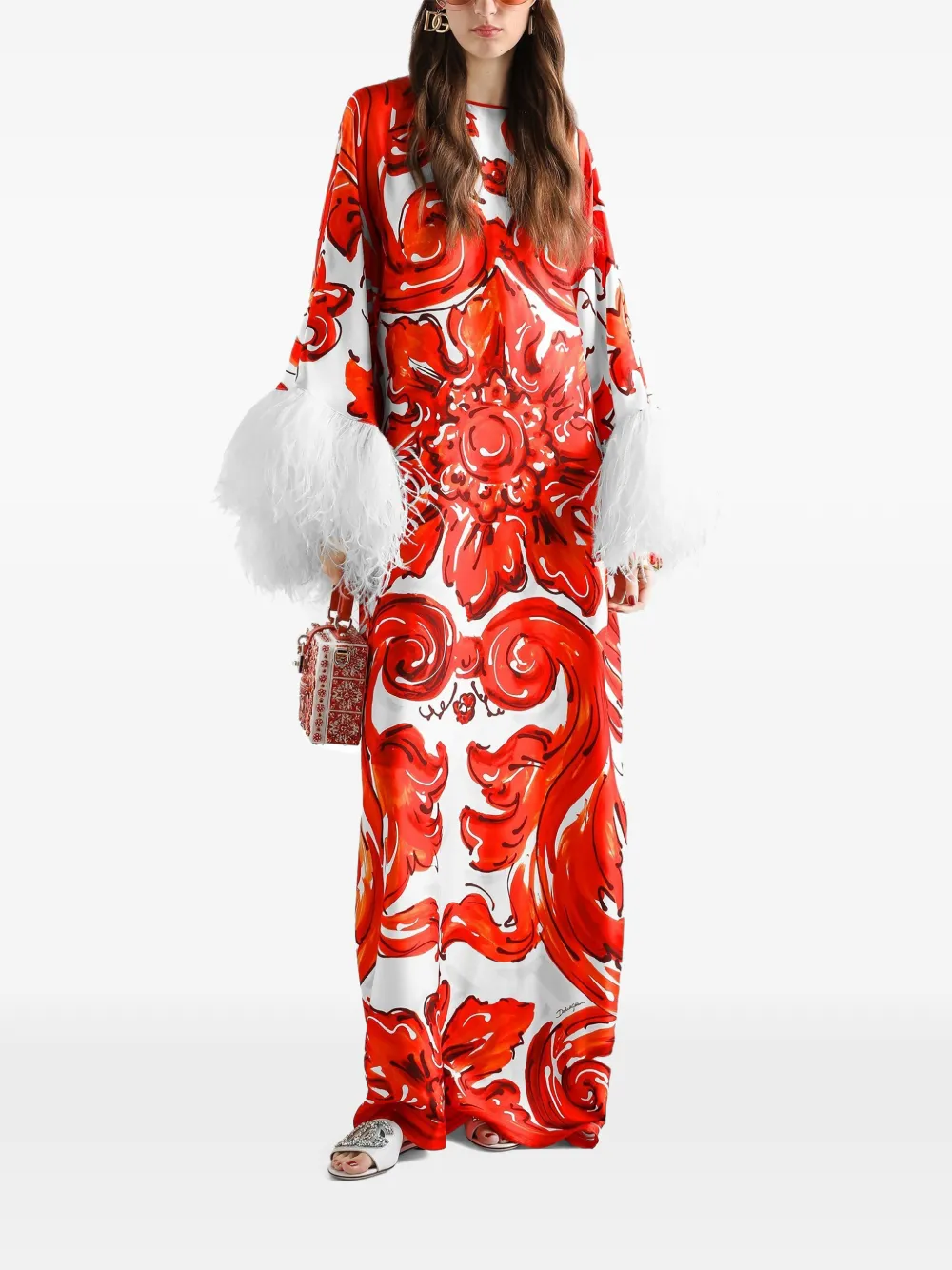 Dolce & Gabbana Majolica-print Long Kaftan Dress With Feather Trim