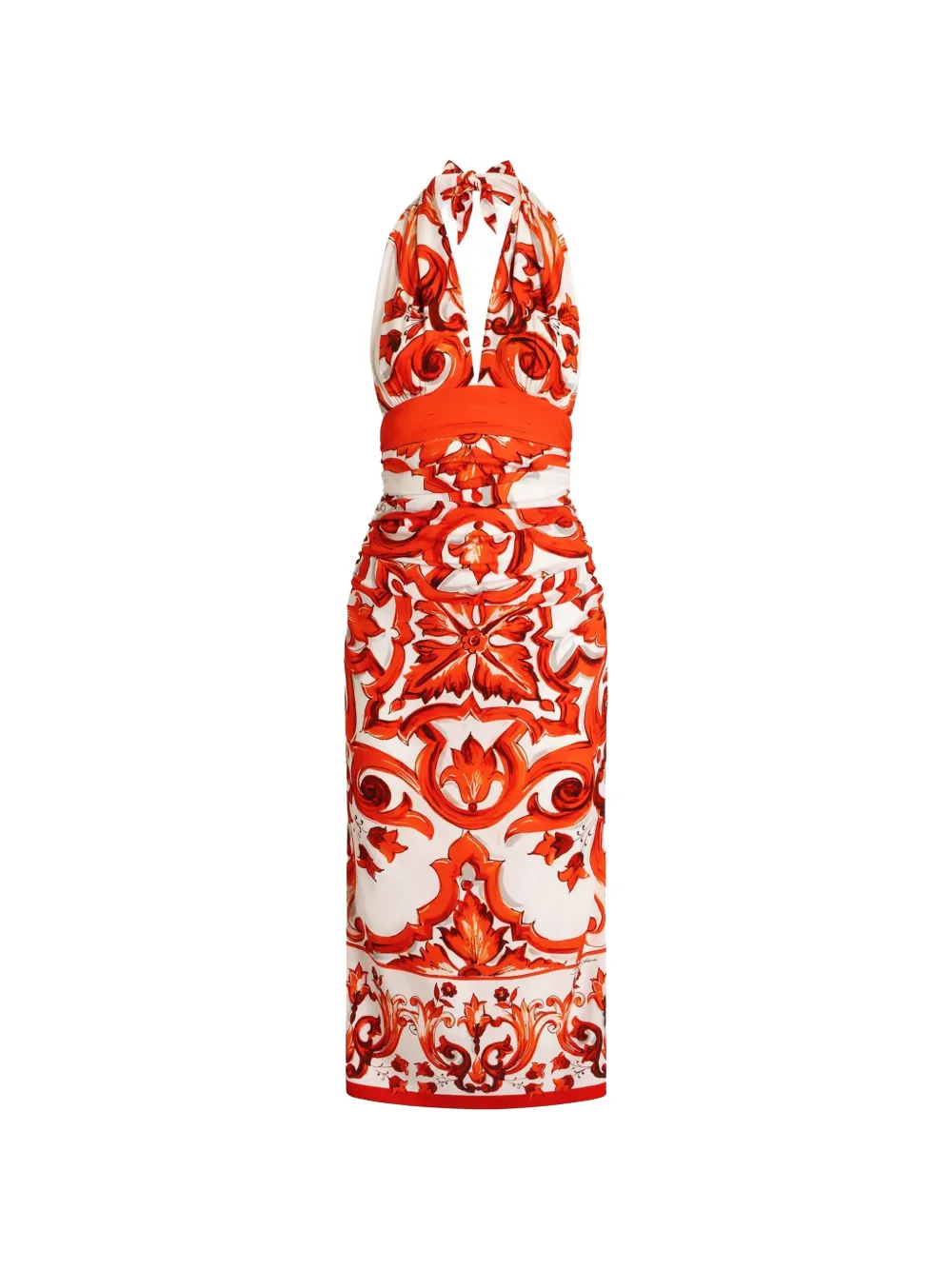 Dolce & Gabbana Langes Charmeuse Kleid mit Majolica-Print - Weiß