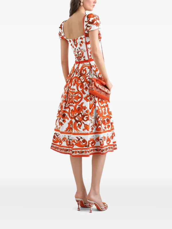 orange print poplin dress Dolce & Gabbana Maiolica Print Cotton Dress