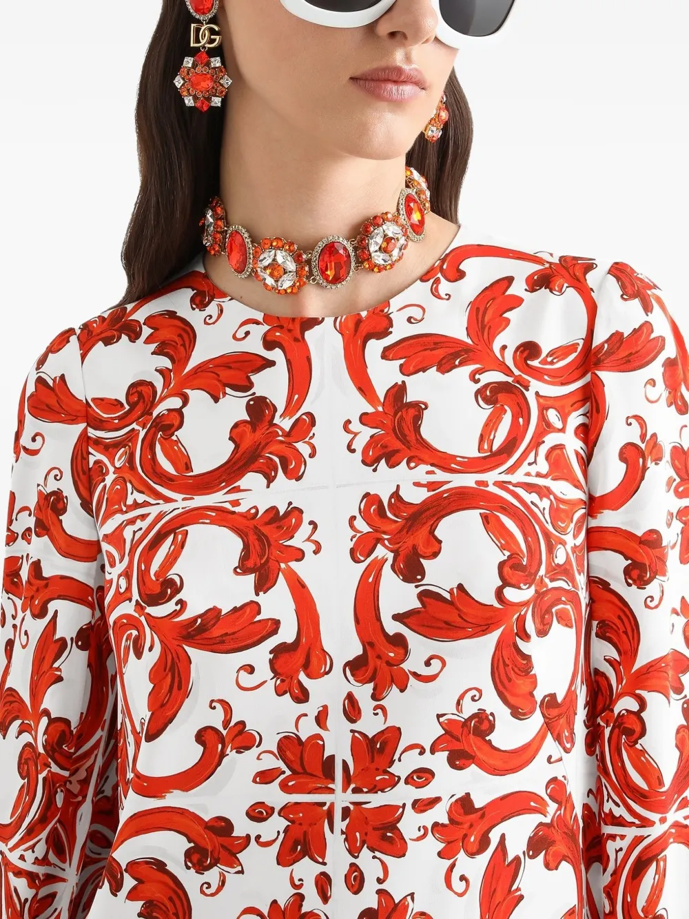 Dolce & Gabbana Jurk met Majolica-print en ronde hals Wit