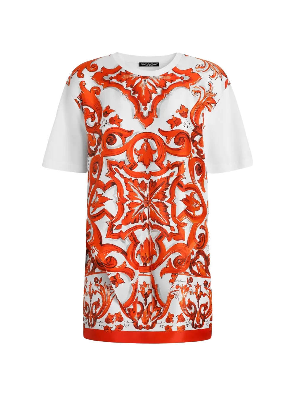 Dolce & Gabbana Abito corto in jersey e twill con stampa maioliche - Bianco