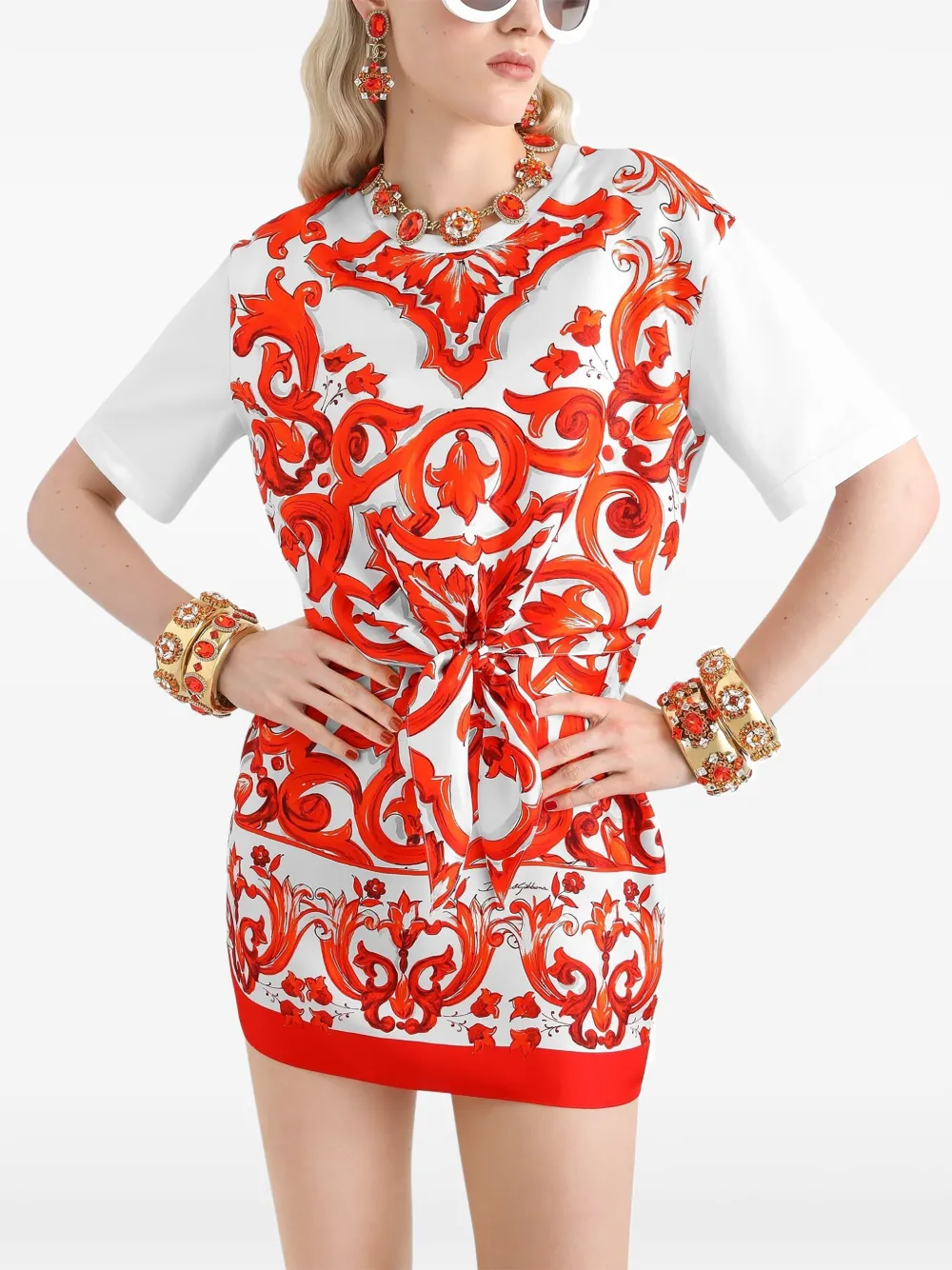 Dolce & Gabbana Jersey en twill mini-jurk met Majolica-print Wit