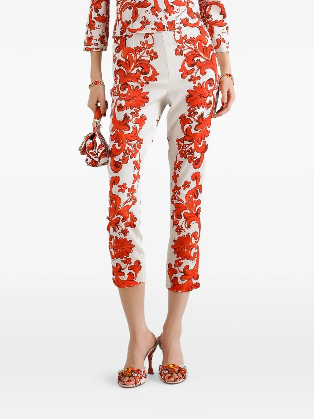 Dolce & Gabbana Leggings in charmeuse con stampa maiolica - Bianco
