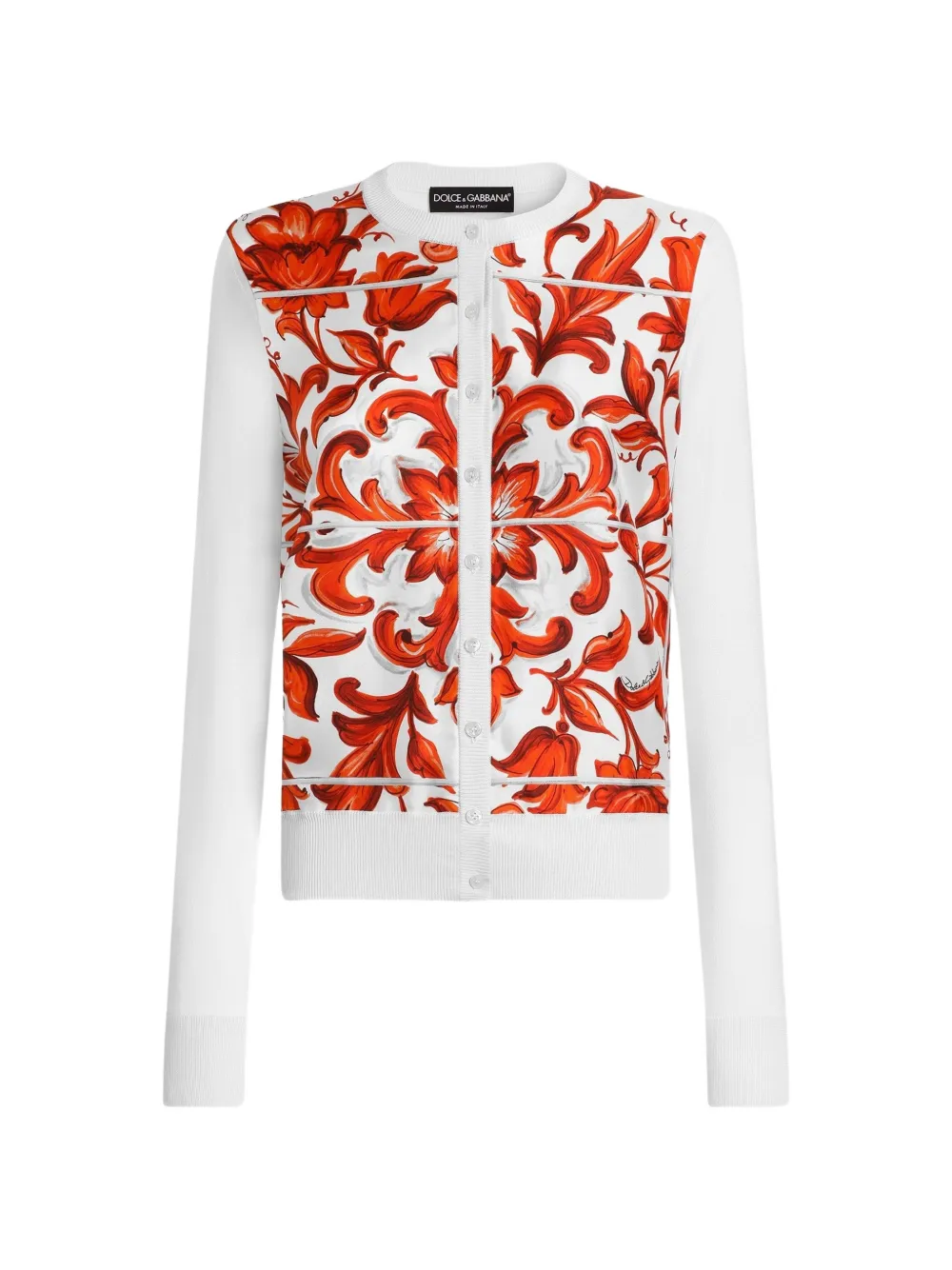 Dolce & Gabbana Cardigan in seta e twill con stampa maiolica - Bianco