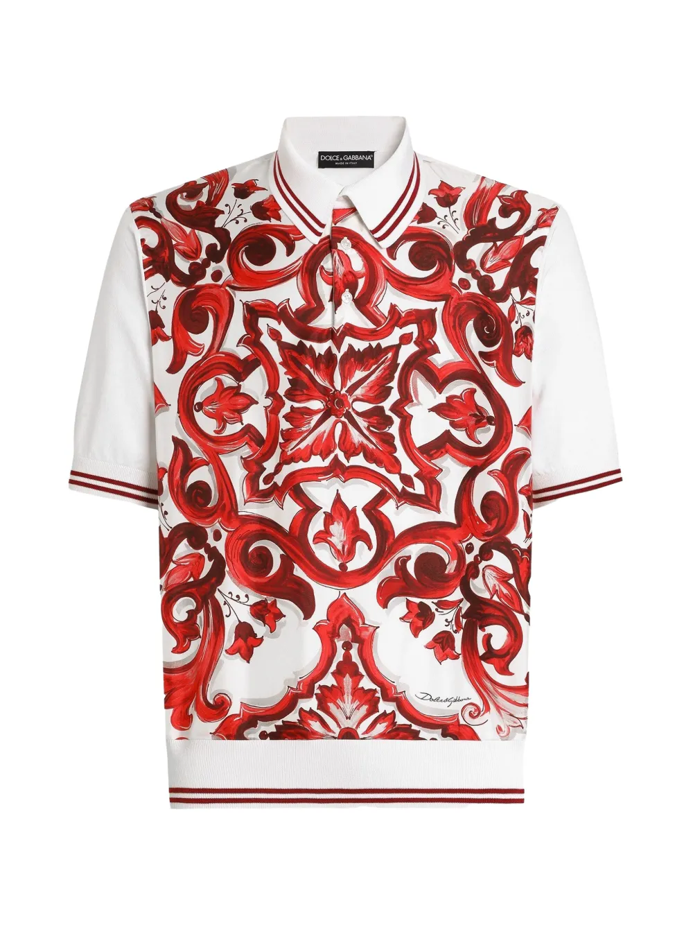 Dolce & Gabbana Polo in cotone e seta con stampa maiolica - Bianco