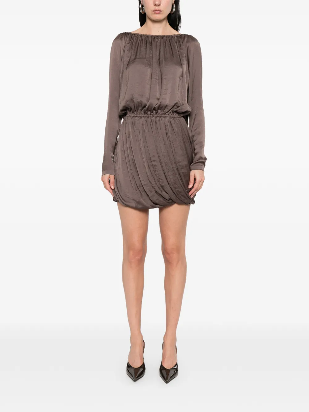 Saint Laurent Elastische midi-jurk met lange mouwen Bruin