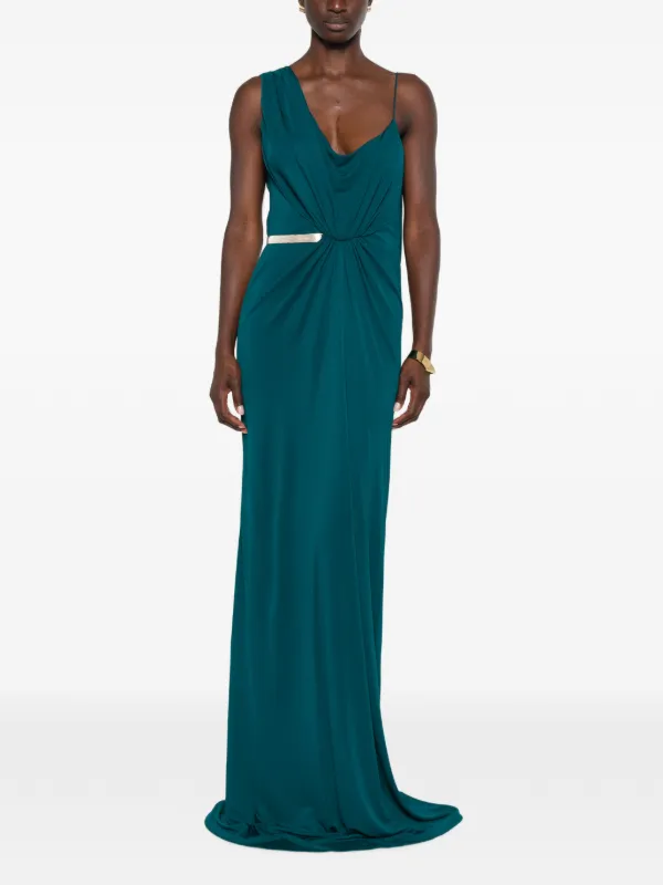 tom ford green dress SHINY CREPE MOCK NECK COLUMN EVENING DRESS