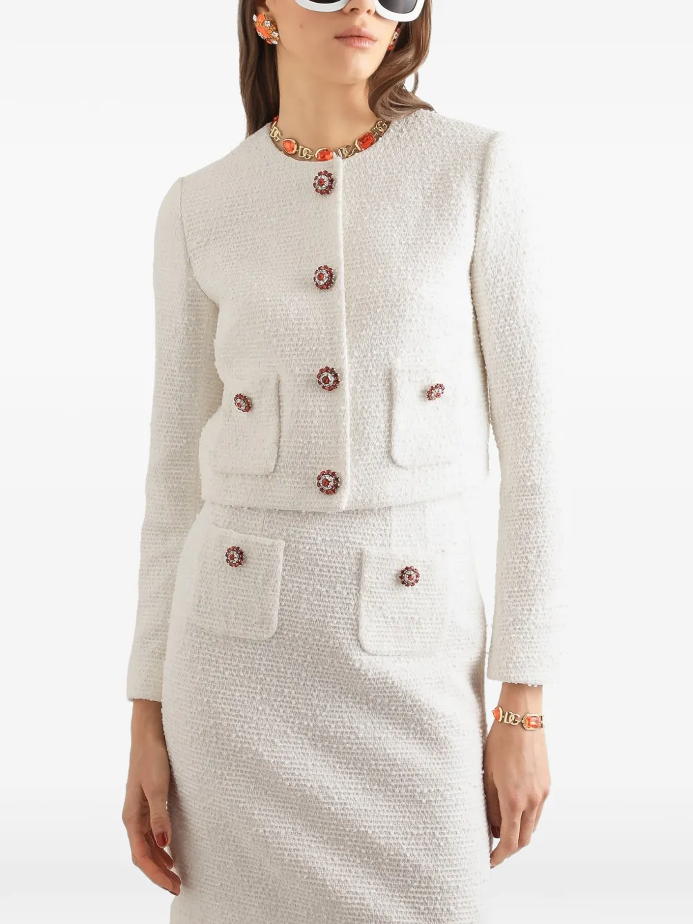 Dolce & Gabbana Tweed jack met enkele rij knopen en sierknopen Beige