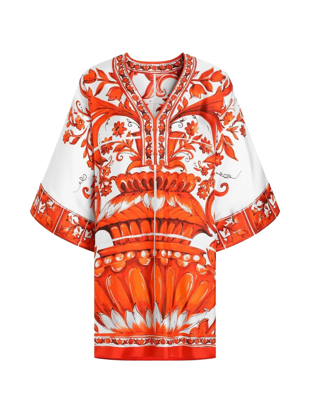 Dolce & Gabbana Kurzes Kimono-Kleid aus Twill mit Majolika-Print - Weiß