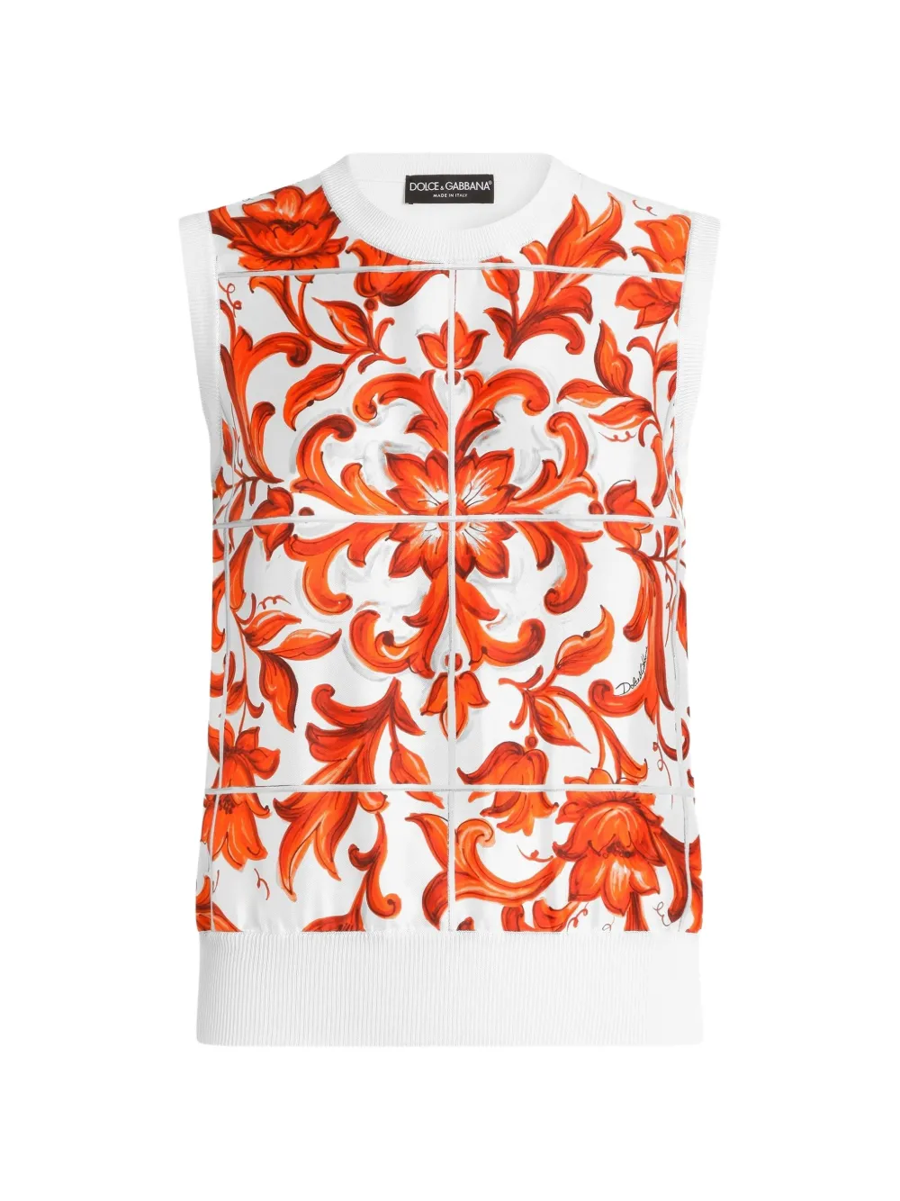 Dolce & Gabbana Canotta in seta e twill con stampa maiolica - Bianco