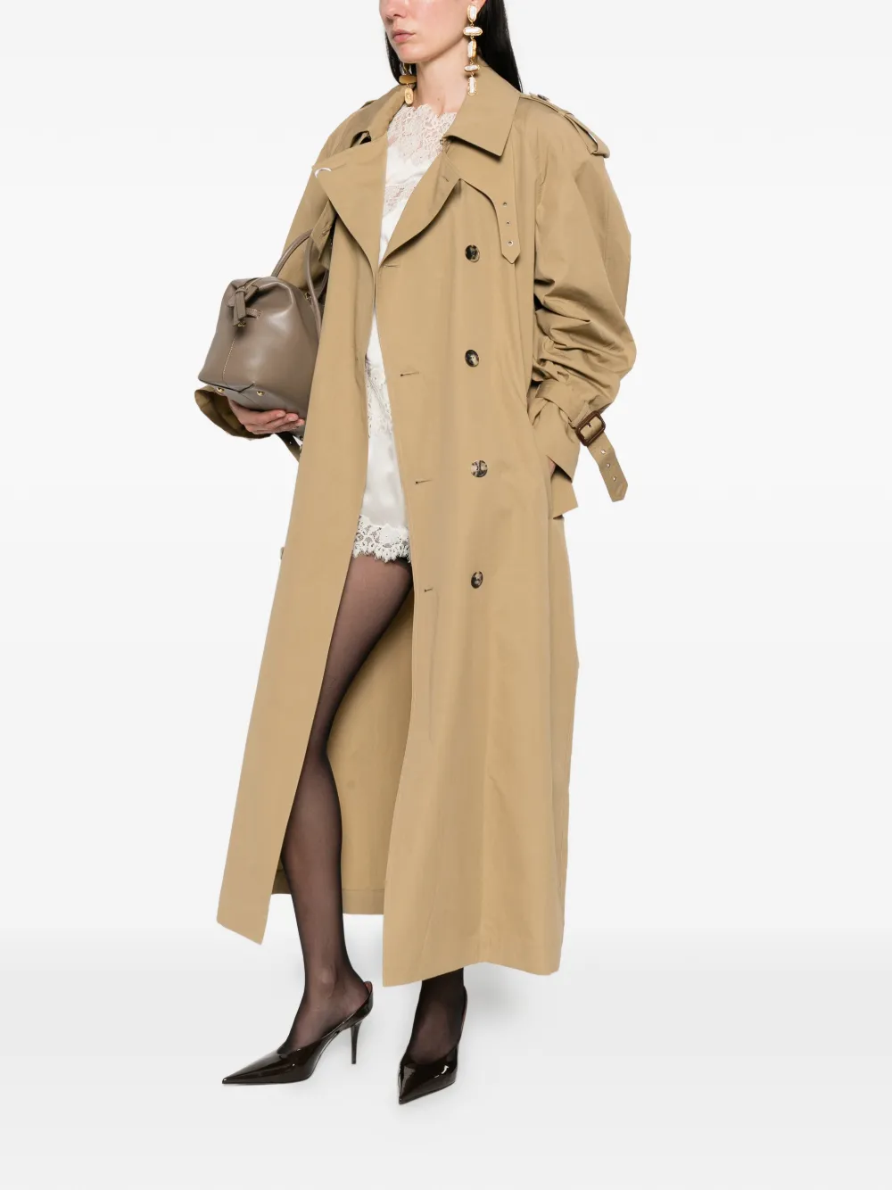  Saint Laurent Button Belted Coat - Neutrals 