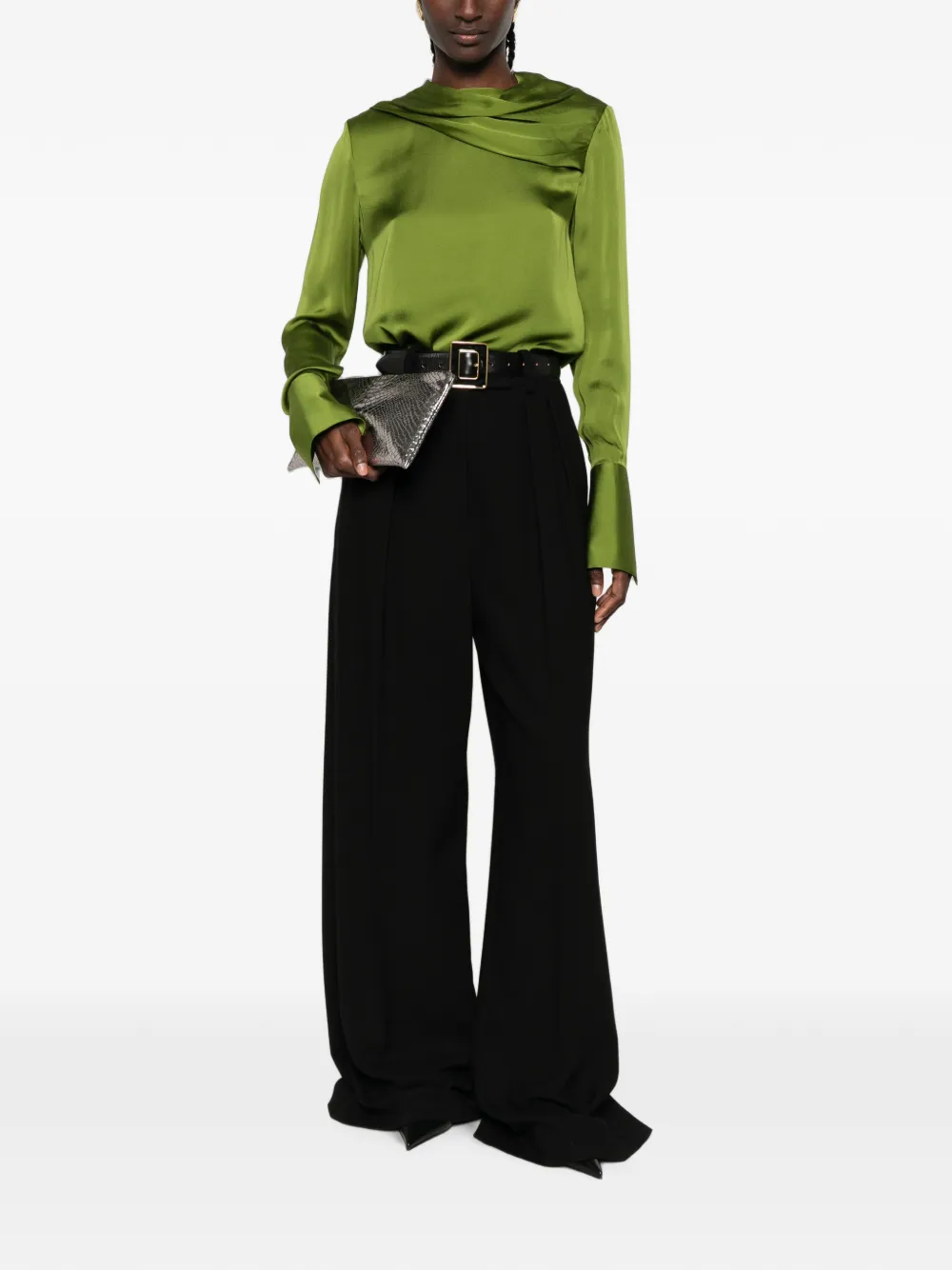 TOM FORD Georgette zijden blouse met gedrapeerde kraag en lange mouwen Groen