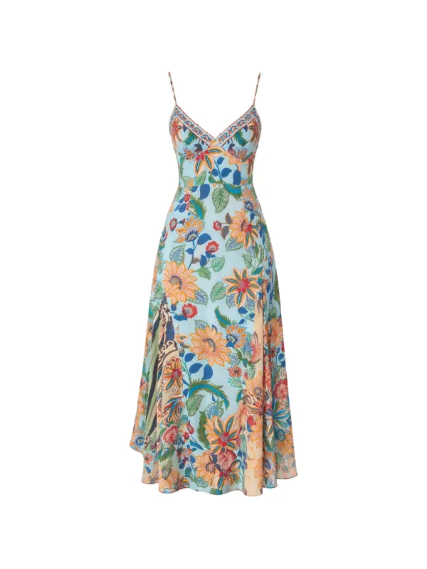 farm rio blue floral maxi dress FARM Rio Delhi Sleeveless Maxi Dress in Light Blue Floral M