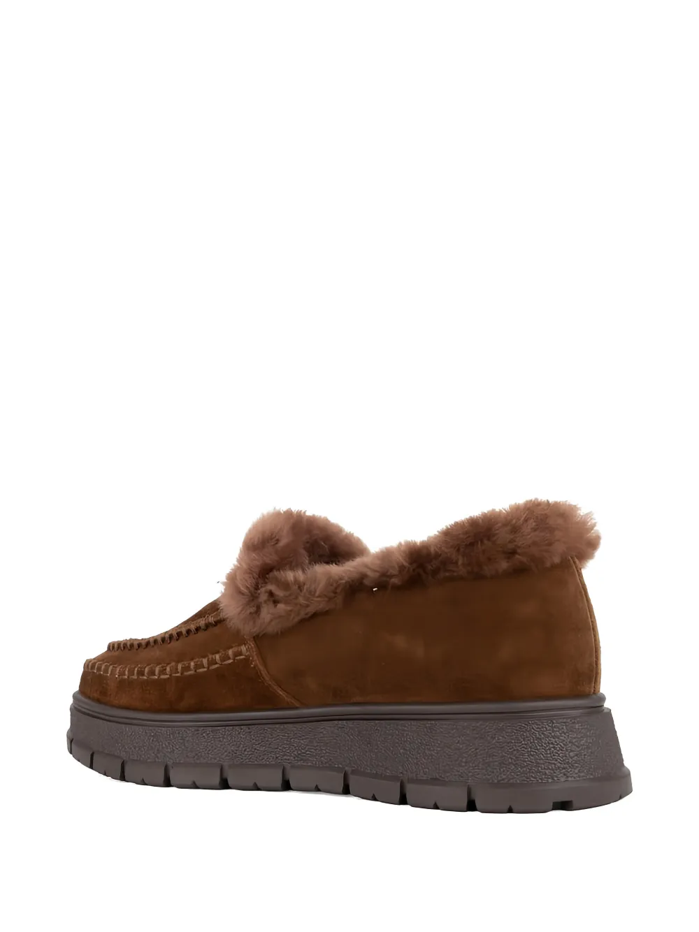 LINDA BAUMANN Suède loafers met afwerking van bont Bruin