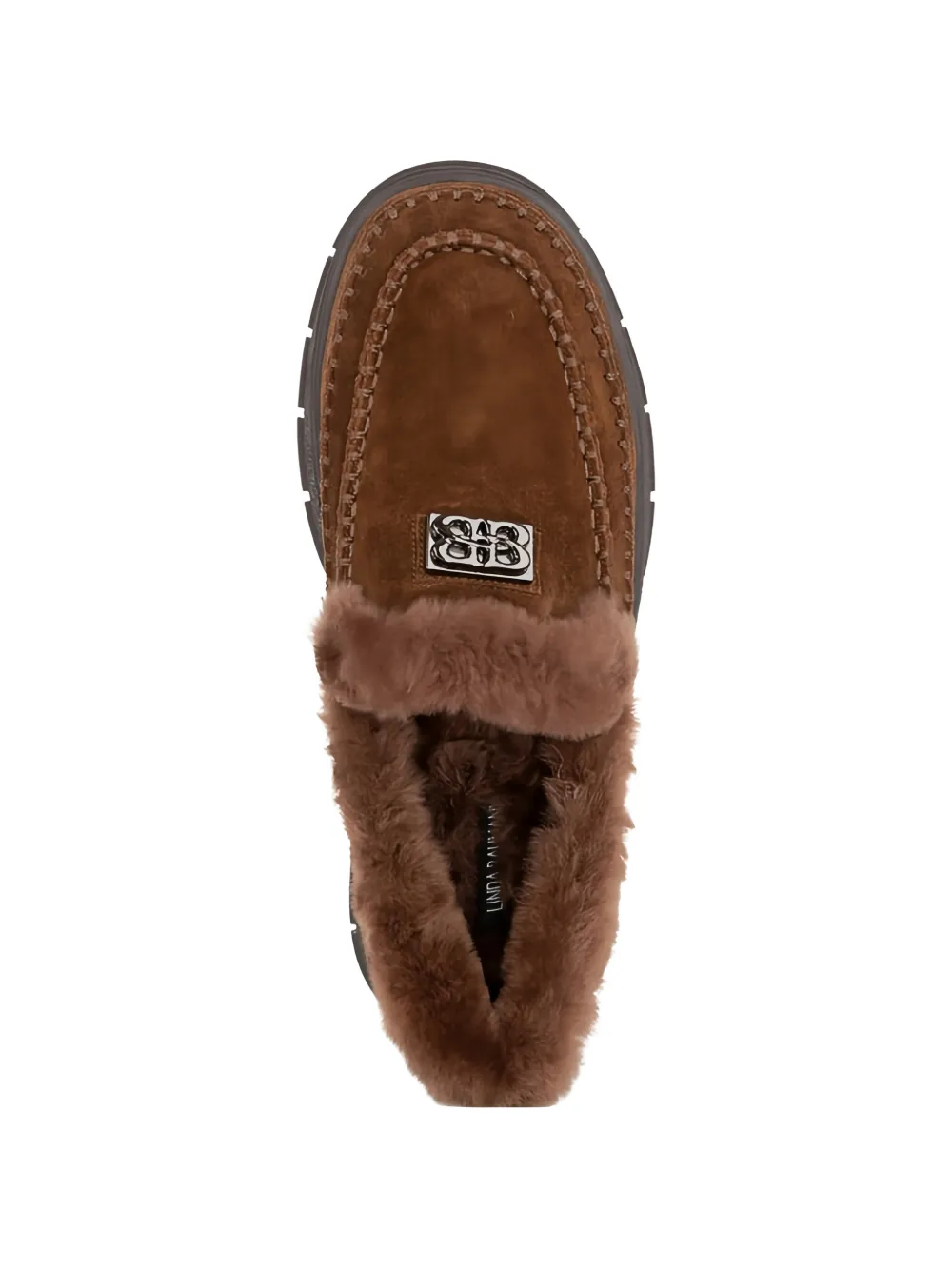 LINDA BAUMANN Suède loafers met afwerking van bont Bruin