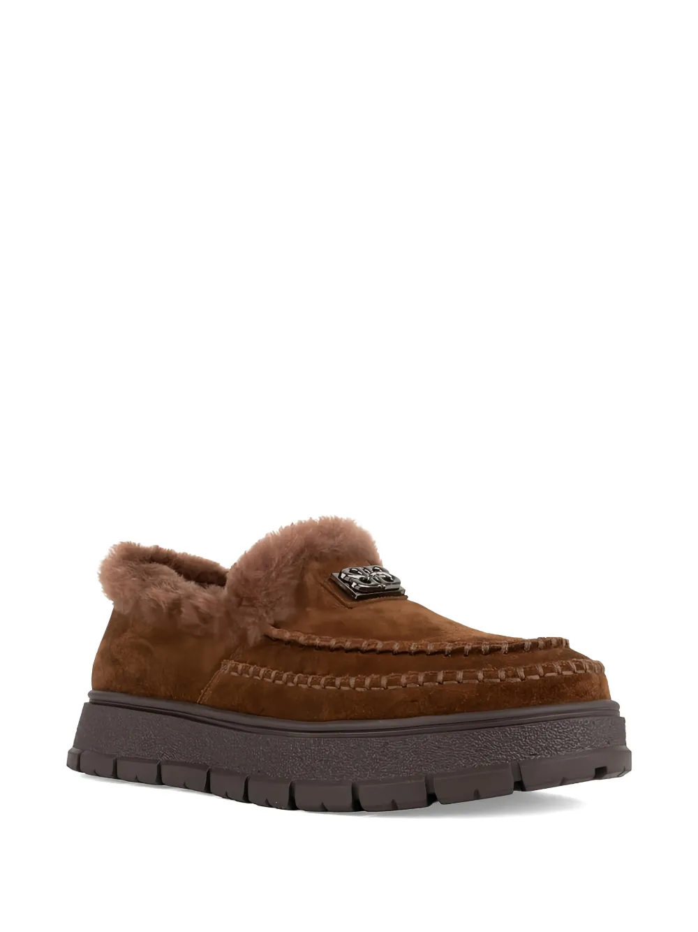 LINDA BAUMANN Suède loafers met afwerking van bont Bruin