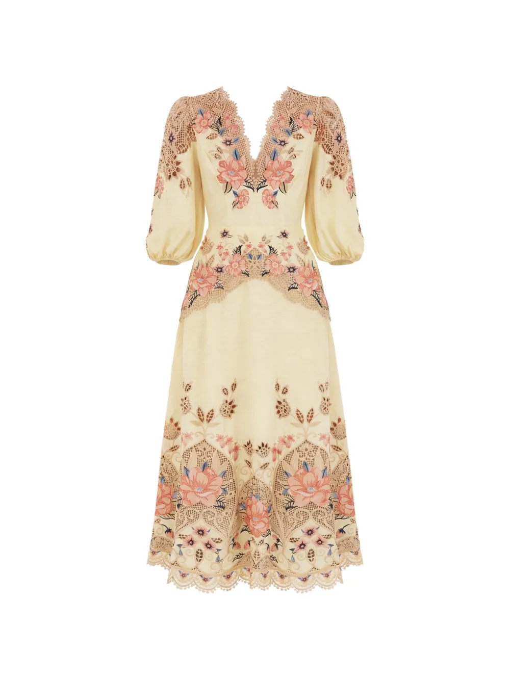 FARM Rio floral-embroidered midi linen dress - Toni neutri